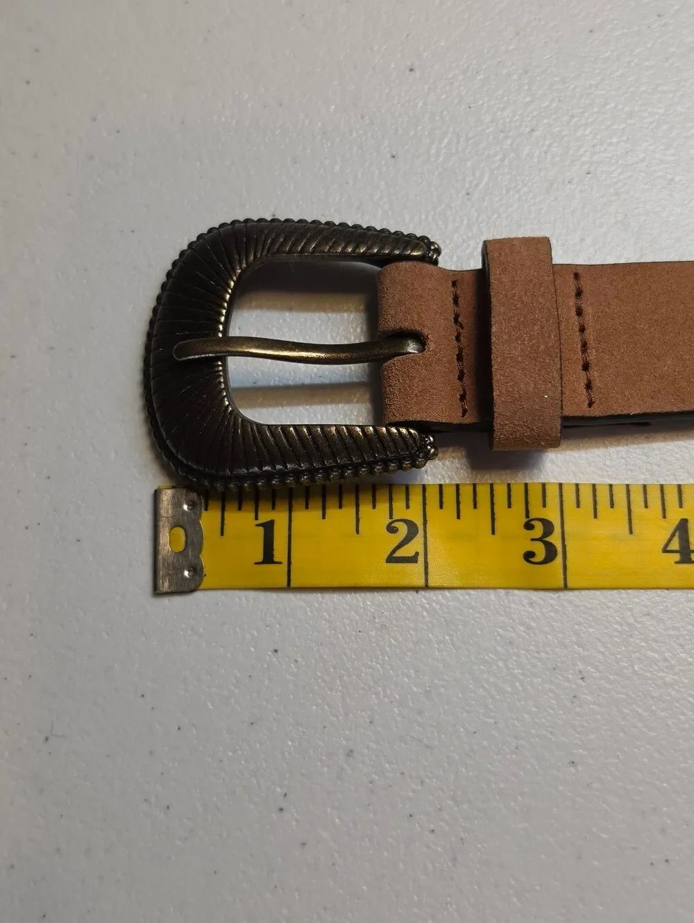 Tan Suede Leather Belt with Antiqued Brass Tone Buckle